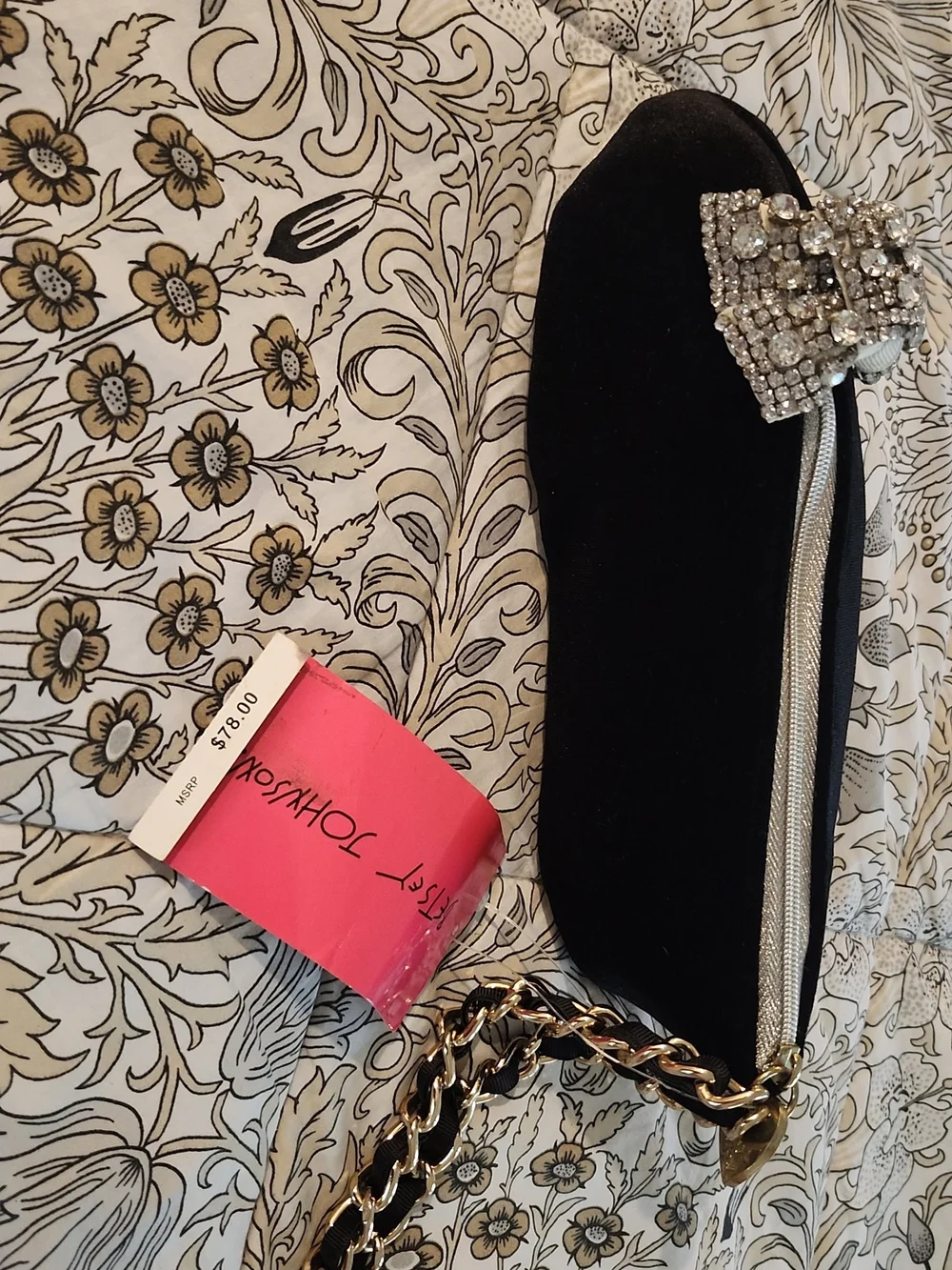 Betsey Johnson Black Velvet Bow with Crystal & Chain Detail Wristlet